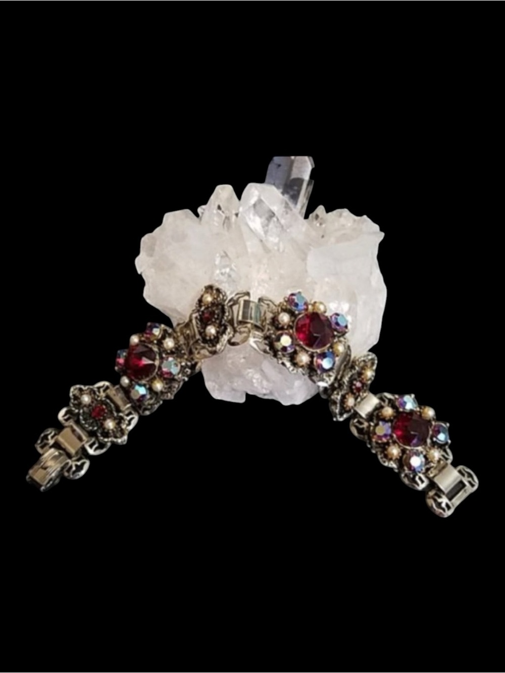 Vintage Victorian Revival Red Rhinestone AB Book Chain Bracelet